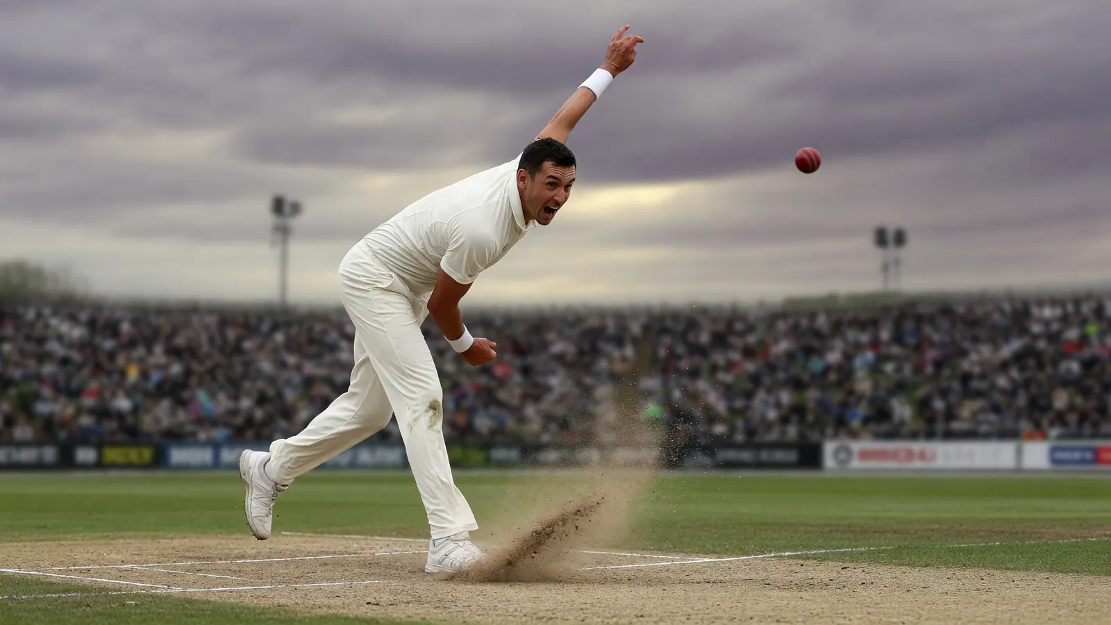 Cricket bowler in delivery stride