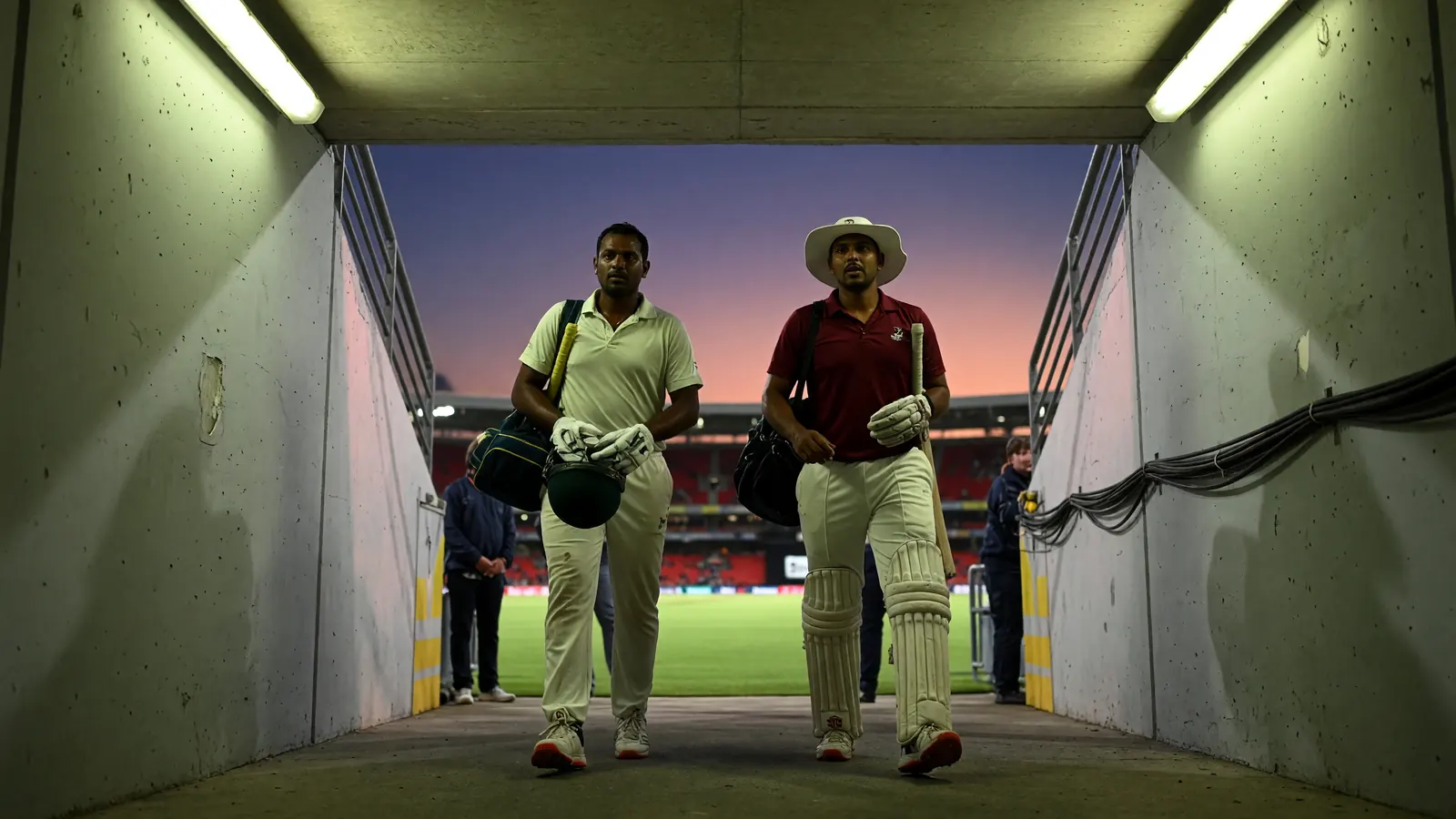 Players in the dressing-room tunnel