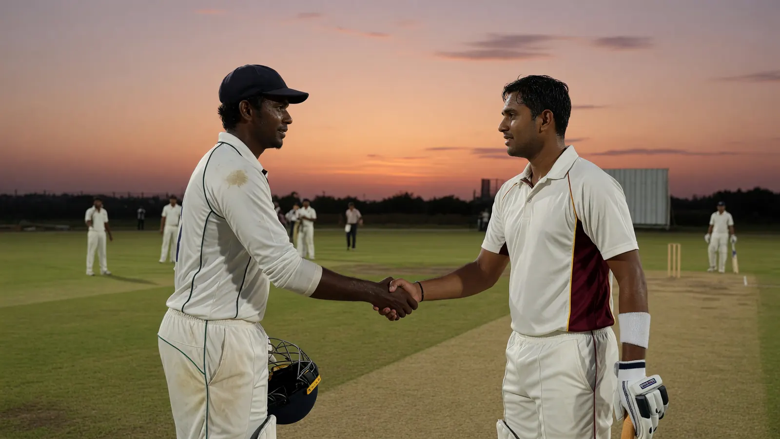 Two cricket teams shaking hands after a match