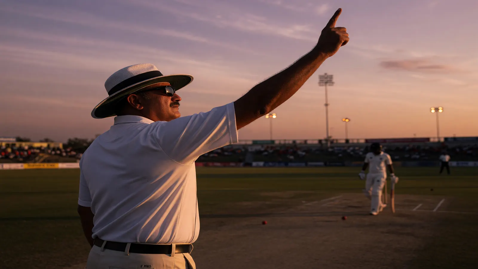 An umpire giving an out decision with raised finger