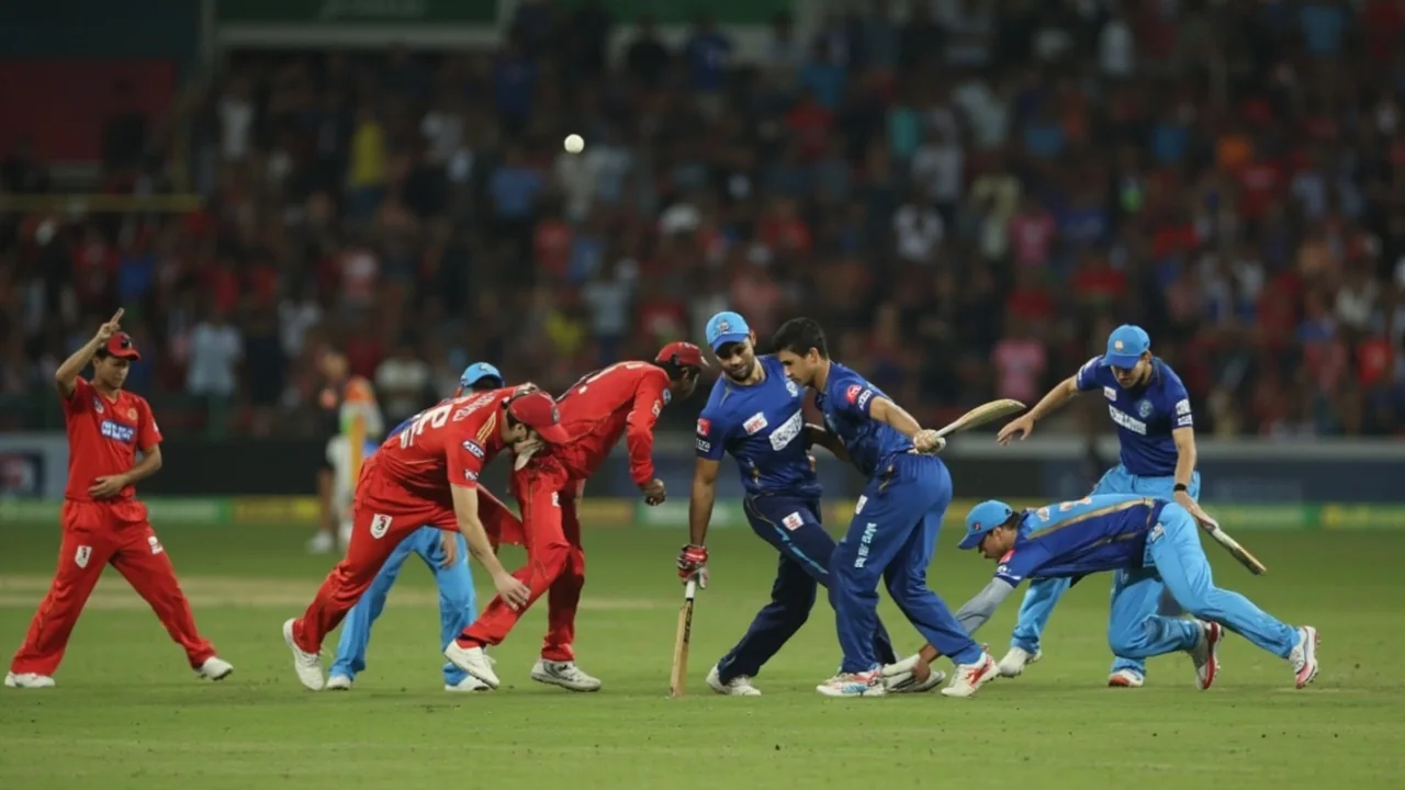A medium tactical view of a fielding huddle at the boundary, paired with the closing comparison section