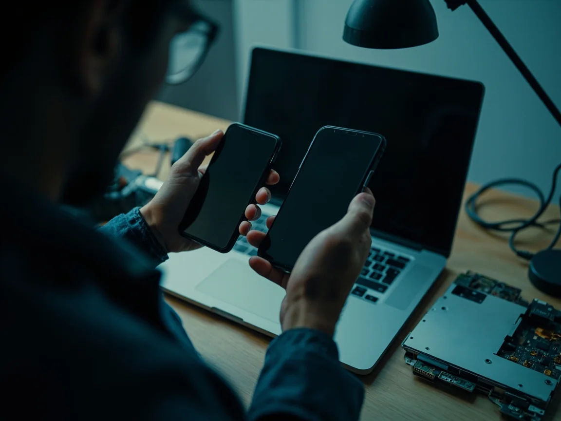 Hands comparing a phone with a laptop at a repair bench