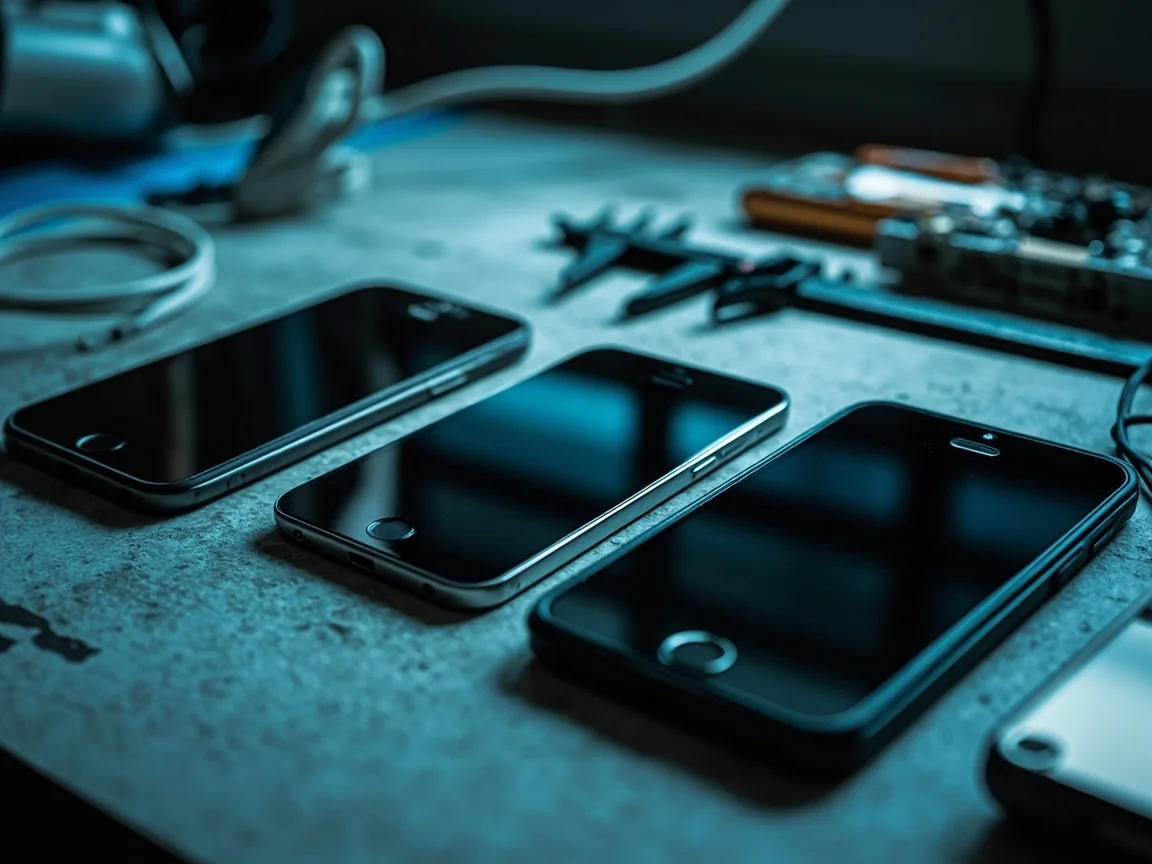 Three phones of different sizes on a workbench